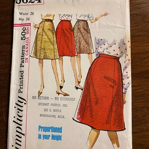 Misses / Women&#39;s Gored SKIRT  Simplicity Vintage 5624 Pattern (uncut)   Choose: Waist 26 &quot; Hip 36&quot; or W 30&quot; H 40&quot; - 1964