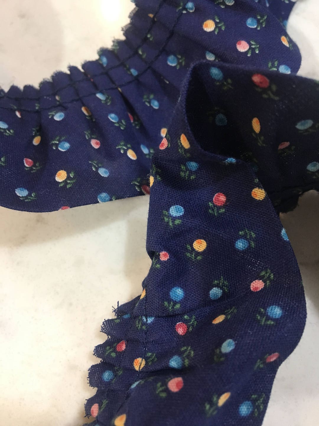 Fabric Ruffle - Gathered Navy Blue Cotton Fabric With Little Flowers, 2 ...