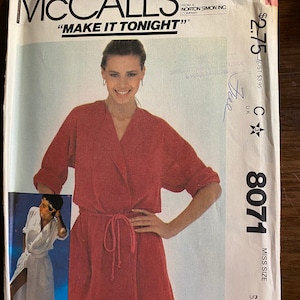 Misses / Women's  Easy Sew Make It Tonight Wrap / Robe / Cover Up McCall's 8071 Pattern (uncut)  With  belt - 1982 - Size 10 - 12