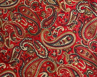 Paisley  Print Fabric Red Background with Reds / Green / Touch of Gold Metallic  - Pick: 24" or 12" long x 44" wide - Quilting, Clothing etc
