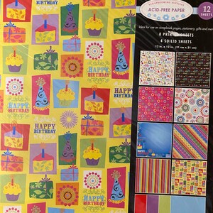 Scrap-booking, Elaboración de papel, adornos fotográficos - Cumpleaños Colores primarios - sin abrir - 12 Hojas 12" x 12" - Impreso y Liso