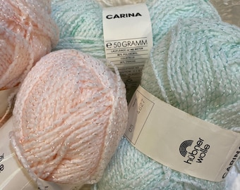 Madeja de lana Huber Wolle Carina - Elige el color: rosa empolvado o verde menta, 50 gramos, 80 % acrílico, con un toque de brillo