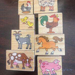 Ensemble de blocs pour tampons en caoutchouc avec animaux de la ferme - vache, âne, cochon, mouton, cheval, coq, poussins poule - créations en papier, impression, cartes à faire soi-même