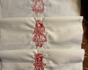 Little Girls in Red - Quilt Fabric Block (Square) 1 Block 8" x 8" Muslin Background - Machine Embroidered  Picture Use in Quilts Pillows etc
