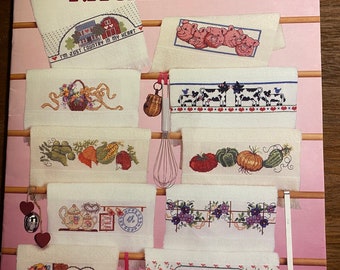Toallas de cocina - Sam Hawkins 1988 - Diseños de punto de cruz de hilo contado bordado - Bordes Frutas Verduras Flores Osos Vacas