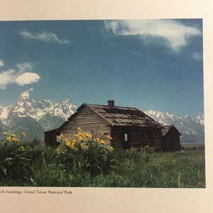 Wyoming vintage Travel Brochure Color Photographs - 2 Frameable Pictures - Log Cabin, Landscape Plains - Wyoming Travel Commission