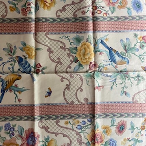 Cream Background with Large Blue, Yellow Flowers with Blue Birds - Anna Rubens for Interior Fabrics - Draperies / Curtains 22&quot; x 56&quot;