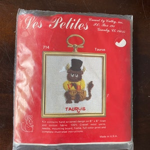 Taurus - Astrological Sign Series Crewel Embroidery Stitch Kit: Small 6&quot; x 6&quot; preprinted Linen needlepoint embroidery picture - Les Petites