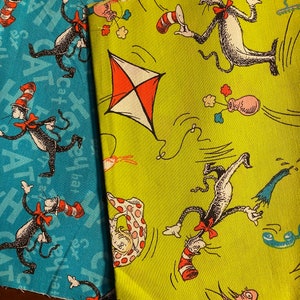 Dr Suess Cat In The Hat Small Bit tela 2 piezas - 9.5" x 44" y 17" x44" - Azul / Verde Run Whimsical