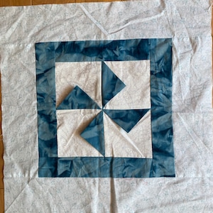 3D Pin Wheel Blue White Fabric Quilt Block (Square) Finished 1 Block 15&quot; White / Blue Center  Blue Tone - Machine / Pieced stitched