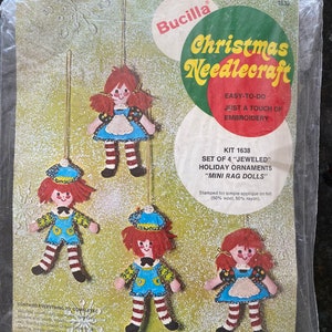Christmas 4 Jeweled Mini Rag Dolls Holiday Felt Ornaments Kit -Bucilla 1638  -  1983 - Felt - Sequins - kit to complete / make