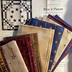 May include: A collection of star-themed fabric pieces in various colors, including red, blue, and tan. The fabric pieces are fanned out, with a pattern diagram and text that reads "Circle of Stars" and "Bits 'n Pieces". The diagram is 27.5 inches square.