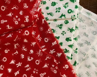 Choose: Red or Green with Little Christmas pictures Red Background with  White or White Background with Green or Red -  Fabric