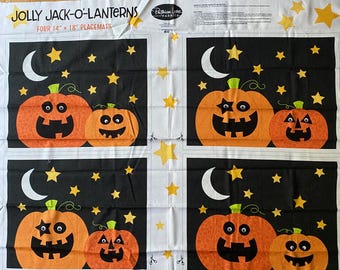 Halloween Jolly Jack-O-Lanerns Fabric Panel, 4 placemats 14" x 18" Ready Sew Fun Pumpkin - pillow, add to quilt, totebag etc. - Patrick Lose