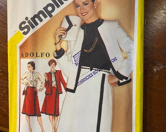 Skirt Misses / Women's Outfit Jacket, Blouse, Mock Wrap Skirt and Bag  Simplicity 5193 Pattern (uncut)   size 10 - 1981 - Adolfo