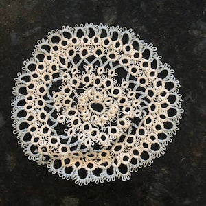Lace  Crochet Doily Glass Coaster Vintage Circular4.25&quot; Diameter  Off-White with light Blue accents (Handmade Crocheted Lace)