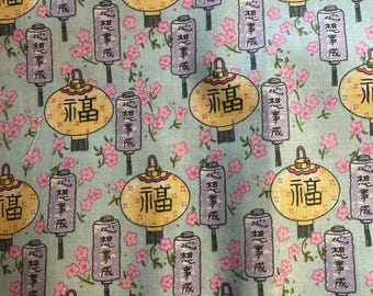 Chinese Lanterns Characters Small Bit Fabric - Mint Green background Black Characters  13" x 44"