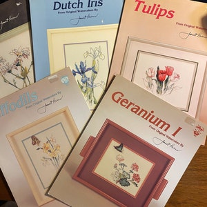 Flower Design Counted Thread Cross Stitch, Needlepoint Chart - Janet Powers - Choose: Daffodil, Daisy, Geranium, Iris, Tulip, Wisteria 1980s