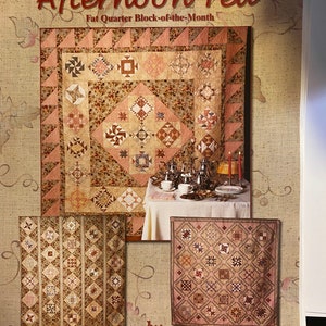 Chá da Tarde - Padrões de 12 blocos do mês usando Fat Quarters - Judy Flanagan - 3 opções de design: ZigZag, On-Point ou Medalhão - 2001