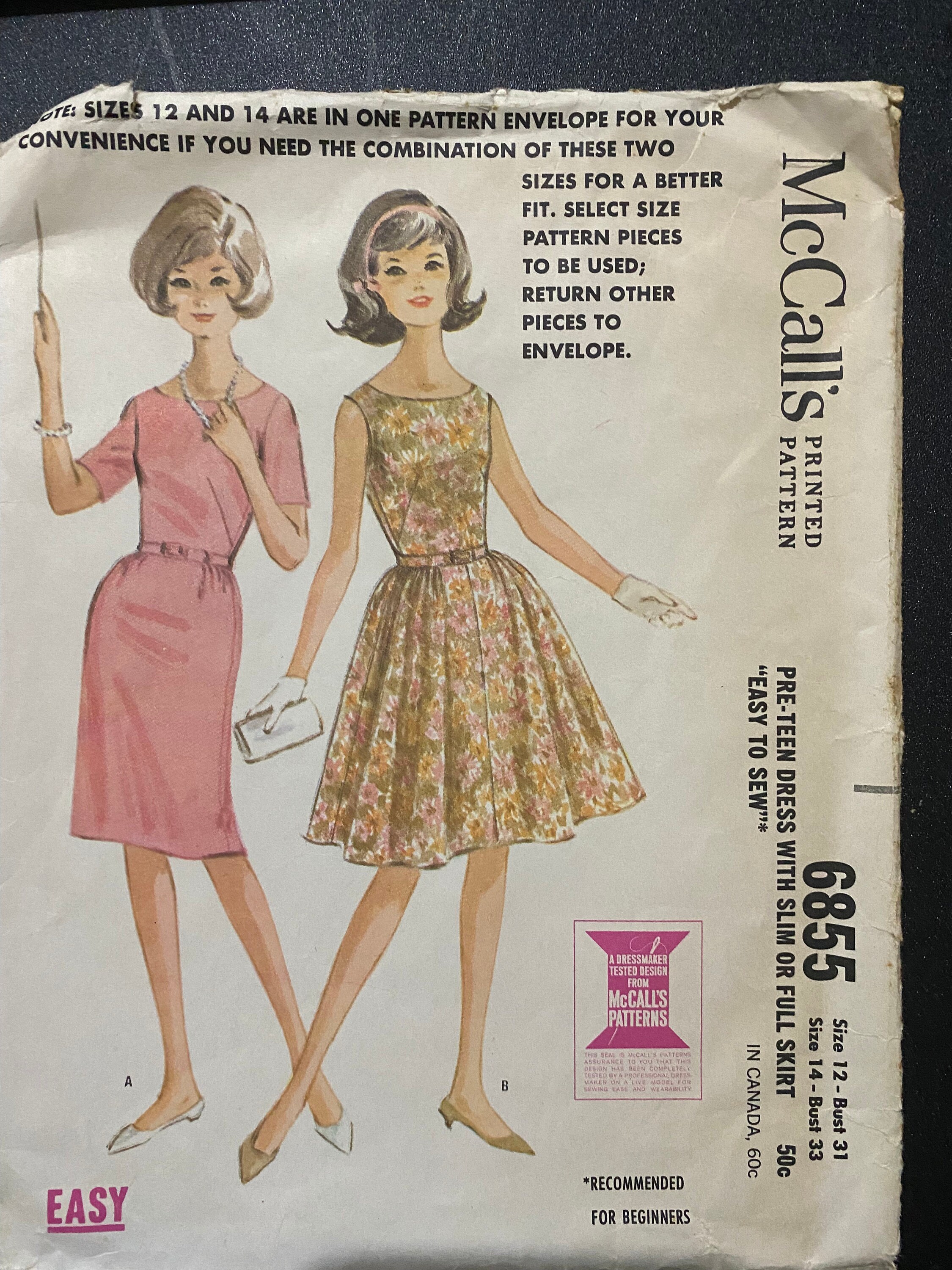 1963 cocktail dresses Vintage Misses Party Dress Vintage Mccall's 6855 Pattern - Adult Size 12 /  14 - Day or Evening Dress - 1963