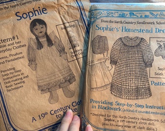 Sophie Cloth Doll / Homestead Dress - Pick Pattern - North Country  - 1993  - Soft sculptured doll - full size patterns