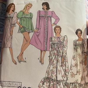 May include: A Simplicity sewing pattern envelope featuring illustrations of five different nightgowns. The designs include a short green polka dot gown, a long pink button-front robe, and three long floral print gowns with ruffles and bows.