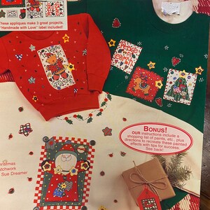 May include: A book titled "FashionArt" with applique designs for Christmas sweaters. The book includes instructions for making three different sweaters, each with a different design. The designs include a Santa Claus, a reindeer, and a Christmas tree. The book also includes a bonus section with instructions for painting the designs.