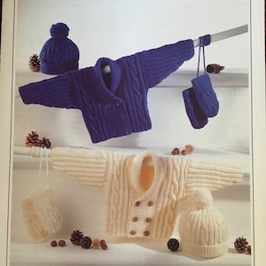 Aran Sweater, Mittens and Hat Knit - Wendy  - Knitting Pattern / Instructions Children&#39;s sweater  Cardigan -  Cable Ribbing - P726