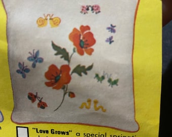 Love Grows Flowers Bucilla Crewel Embroidery Kit #38024 - 14" Pillow Kit - Unopened - 1975 - Stamped cotton ready for needlework