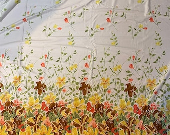 Border Print - Flowers Stretch double knit fabric piece 45" x 60" wide - One way print / White background - flowers brown/yellow/orange
