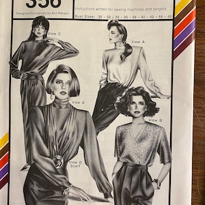 Women&#39;s Classic Blouse with Scarf - Stretch & Sew 356 - Ann Person - Bust Sizes 30 - 46 - uncut - 1989