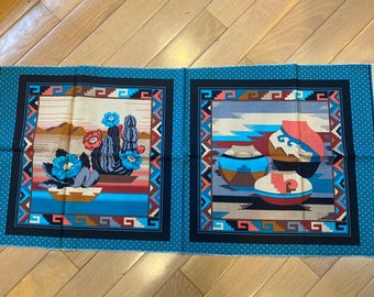 Pillow Top Fabric Panel Southwest Pattern (Native American Adobe, Pottery, Desert Cactus Mountains)  4 pictures 16" x 16"