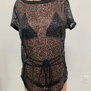 Black Sequined Shirt on Net -  Stretchy Fabric - 36&quot;  Bust Probably a Medium Size