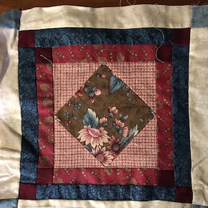 Blue Red /Beige Fabric Quilt Block (Square) Finished 1 Block 12&quot; square Floral /Geometric fabrics in quilt piece - Machine / Pieced stitched