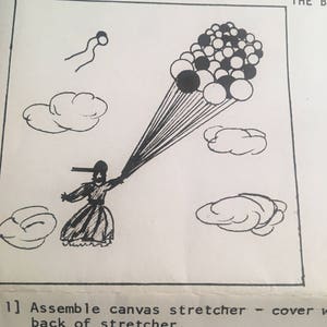 May include: A black and white illustration of a person holding a bunch of balloons. The person is wearing a dress and a hat. The balloons are in the shape of circles and are arranged in a cluster. The illustration is on a white background.