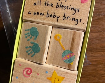 Inkadinkado Welcome Baby Rubber Stamp Blocks - Rattle, Hand Prints etc - 2006 - paper crafting, print making, card making, great for kids