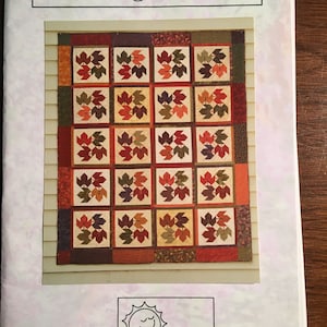 May include: A quilt pattern booklet titled Swirling Leaves, original design by Lisa Christensen 2001. The cover features a photograph of a quilt with a grid of blocks containing leaf motifs in red, orange, green, and purple, surrounded by a multi-colored border. The Three Kids Design Studio logo is at the bottom.