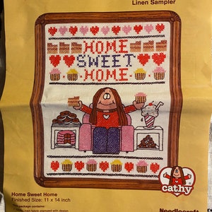 Vintage Linen Sampler  to Embroider - Cross Stitch - Home Sweet Home -  11&quot; x 14&quot; - 1984 - WonderArt No 5084