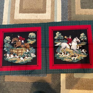 Horse Fox Hunt stoffen paneel om te naaien, 2 - 15&quot; x 15&quot; klaar om te naaien paarden - Equestian - kussen maken, toevoegen aan een quilt, draagtas enz.