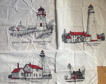 Michigan Lighthouses Fabric Panel / Block - Pictures for Pillow, Appliqué, Quilting, Tote Bag etc - 13" x 11" - 6" x 7" Red / Black / White