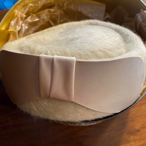Fancy Fake Fur Hat - Light Brown / Beige Hat with Flat Satin bow -  Sunday - Church Hat, Party Hat - dress up any Outfit - Gimbel Brothers