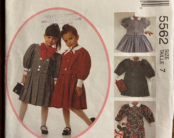 Vestido para niña - Diseño de Kitty Benton - Patrón McCall's 5562, talla 7 - Patrón de costura vintage de 1991 - Vestido plisado/fruncido sin cortar