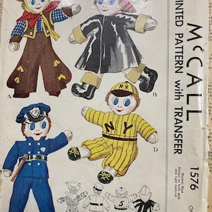 Vintage  Sock Doll 14&quot; and CLOTHES  McCall&#39;s Craft 1576   (Uncut),  Pattern to make doll with wardrobe - c1950s with Face Transfer