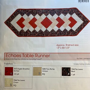 May include: A pattern for a table runner called "Echoes Table Runner" from the Royal Tea collection by Connecting Threads. The pattern uses 4 different fabrics: 1.5 yards of dark red English Breakfast fabric, 0.75 yards of antique faux burlap fabric, 1 yard of black tea leaves fabric, and 0.5 yards of cream tea leaves fabric. The finished size of the table runner is 33 cm by 103 cm.