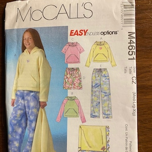 Children&#39;s / Girl&#39;s  Pull over Hoodie, Pants, Shorts, Blanket (Fleece) McCall&#39;s  #M4651Pattern. Size Med, Leg, Xlg   - 2004