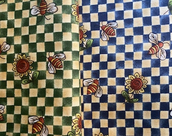 Bumble Bees on Plaid Checked Background Fabric  - Pick: Blue or Green Background - 20" x 44" wide