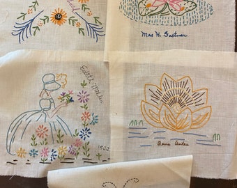 Embroidered Flowers, Southern Belle, Water Lily, Butterfly Vintage Fabric Quilt block - Choose Design -  Square (Sizes Vary)  hand done