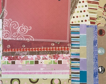 Pacote de papel Stripe Dot Flower (verde/marrom/rosa) - Reserva de sucata floral, artesanato em papel, enfeites - Novo - 28 folhas 12" x 12" -