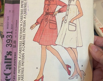 Summer Dress (Easy Sew) Misses - Pattern -  McCall's 3931 - 1974 -  Size 16  Uncut - A-line