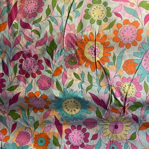 Flower Print Fabric Pale Green background with Purple/Pink/Orange  flower - 36&quot; long x 44&quot; wide  - Cotton - Fun Bold Flower Power Print